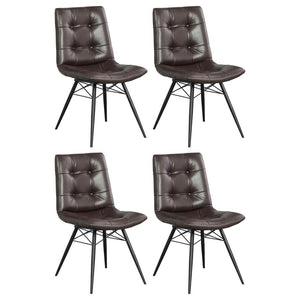 Looking to add some style to your dining room? Look no further than this charming, leatherette side chair. The beautiful brown upholstery adds warmth to a room. Decorative button tufting adds a trendy yet tasteful touch. Complete with sleek, angled legs i