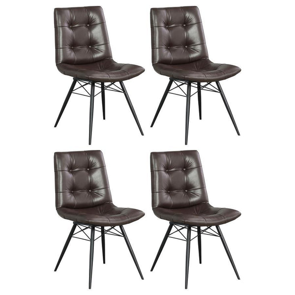 Looking to add some style to your dining room? Look no further than this charming, leatherette side chair. The beautiful brown upholstery adds warmth to a room. Decorative button tufting adds a trendy yet tasteful touch. Complete with sleek, angled legs i