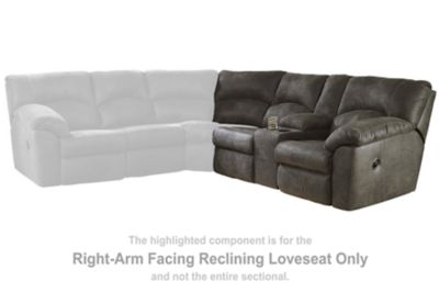 This right-arm facing reclining loveseat is made with faux leather upholstery. Pairs with other items in the series to make a sectional.<br><br><b>Additional Dimensions</b><br><ul><li>Seat depth: 22-"</li><li>Seat height: 20-"</li><li>Seat width: 49-"</li