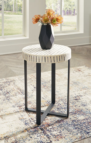  this accent table adds a subtle sense of edginess to your modern decor. Its bone inlay in cream and black creates visual intrigue on the top