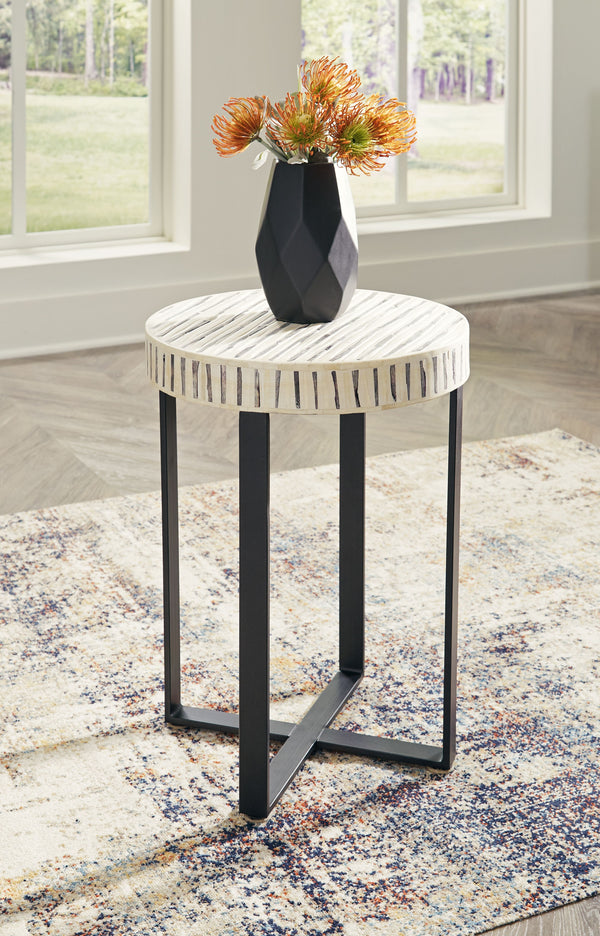  this accent table adds a subtle sense of edginess to your modern decor. Its bone inlay in cream and black creates visual intrigue on the top