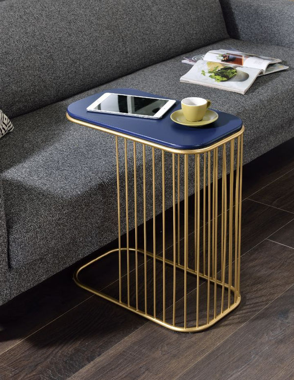 this contemporary style accent table features creative frame design with brilliant finishes for a stunning and voguish look. The bright blue table top showcases a sleek