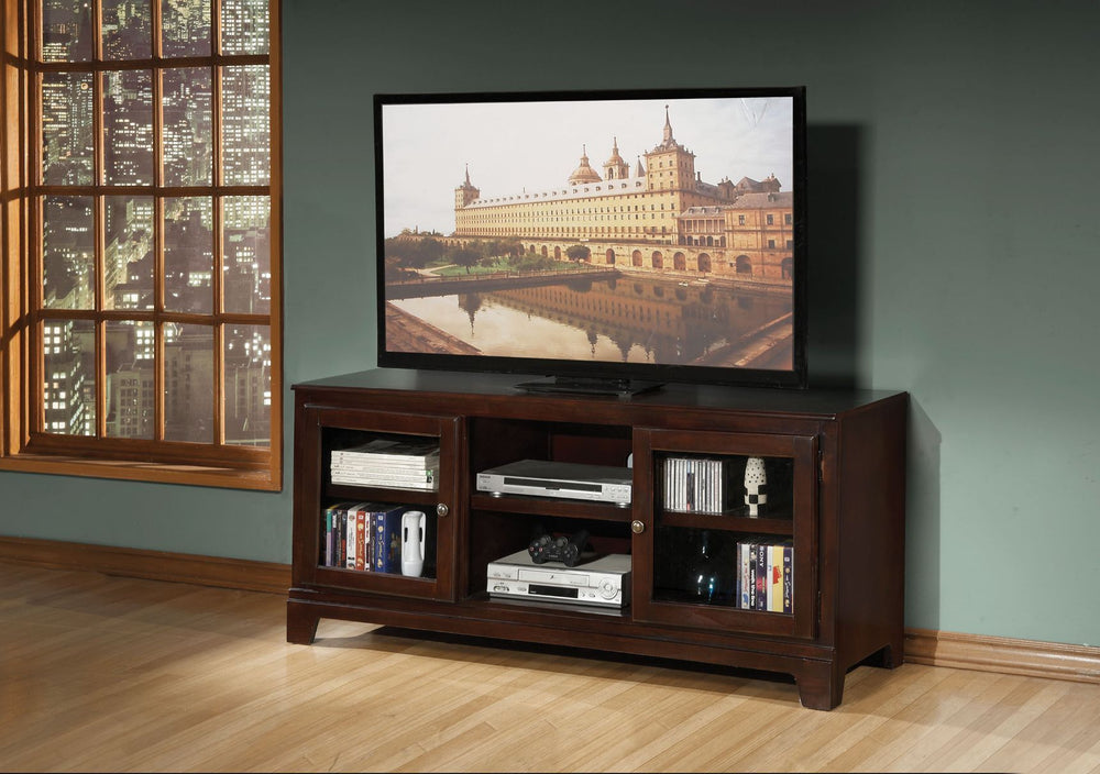 The Halden TV stand transitional style will blend masterfully in your living room area. The storage feature offers plenty of space to keep your entertainment components: two glass doors, and two media compartments. Carefully constructed from selected wood