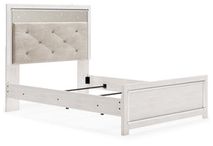  a pearlized finish and button-tufted upholstery bring a glam touch to the richly rustic appearance. Remote-controlled LED lig