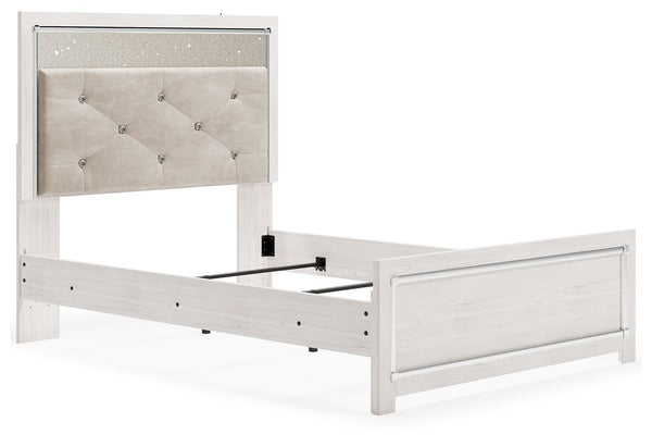  a pearlized finish and button-tufted upholstery bring a glam touch to the richly rustic appearance. Remote-controlled LED lig