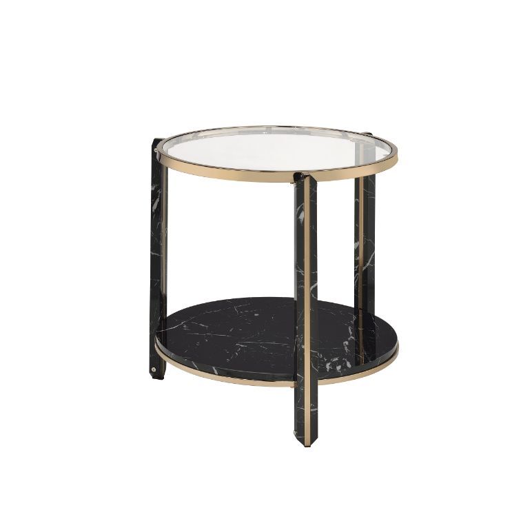 â€¢1 Tier Shelfâ€¢Round End Tableâ€¢Table Top Thickness: 0.2-"â€¢Tempered Glass Top<br/><br/><b>Product Features</b><ul><li>Case: 1Pc/1Ctn</li><li>Finish: Clear Glass, Faux Black Marble & Champagne Finish</li><li>Style: Contemporary</li><li>Materials: Met