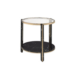 â€¢1 Tier Shelfâ€¢Round End Tableâ€¢Table Top Thickness: 0.2-"â€¢Tempered Glass Top<br/><br/><b>Product Features</b><ul><li>Case: 1Pc/1Ctn</li><li>Finish: Clear Glass, Faux Black Marble & Champagne Finish</li><li>Style: Contemporary</li><li>Materials: Met