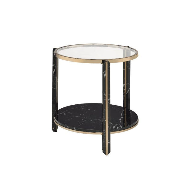 â€¢1 Tier Shelfâ€¢Round End Tableâ€¢Table Top Thickness: 0.2-"â€¢Tempered Glass Top<br/><br/><b>Product Features</b><ul><li>Case: 1Pc/1Ctn</li><li>Finish: Clear Glass, Faux Black Marble & Champagne Finish</li><li>Style: Contemporary</li><li>Materials: Met