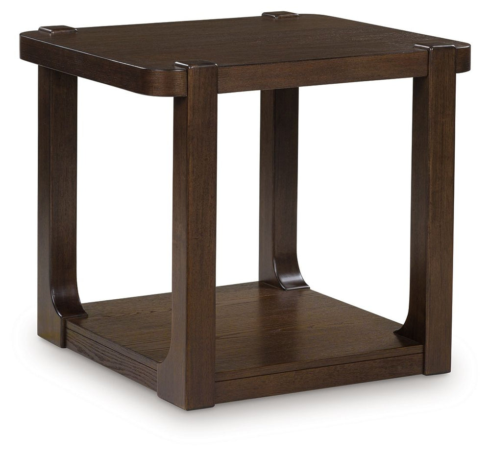 If casual contemporary style is your thing, then you-'ll love this end table. Its thick tabletop, softly rounded corners and dark wood-tone finish lend a soothing sensibility. Want to add a personal touch? A lower shelf provides space to display decor tha