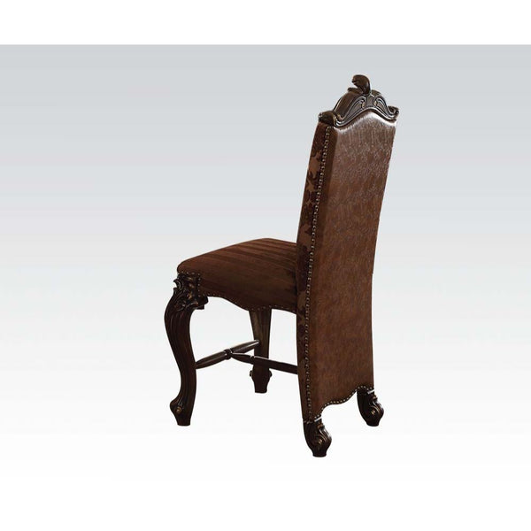 KD, Armless Chair Padded SEAT & BACK Cushion, Nailhead Trim BACKREST (Without Button): Scrolled Crown, Floral Fabric Inside and Brown PU Outside SEAT: Striped Fabric & Scalloped Apron Wooden Cabriole Legs w/Scrolled Motifs (Poly Resin with Antique Contras