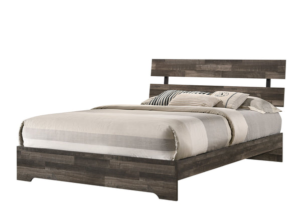 This bedroom collection embodies a rustic, yet minimalist aesthetic with its clean lines and neutral color palette. The set includes a low-profile bed frame, a dresser with a mirror, and a tall chest, all finished in a versatile gray that easily complemen