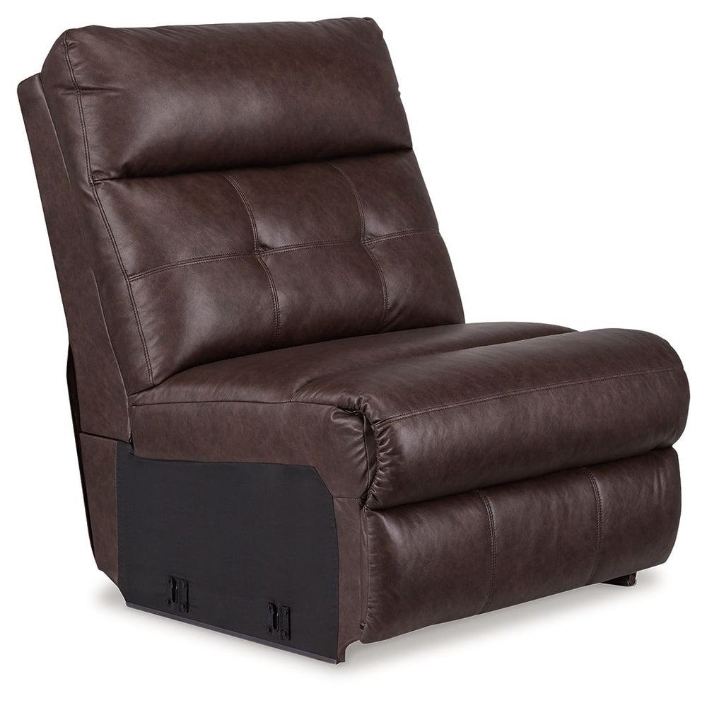 This armless recliner is made with faux leather upholstery. Pairs with other items in the series to make a sectional.<br/><br/><b>Product Features</b><ul><li>Compatible with other 42702 items, sold separately</li></ul><br/>