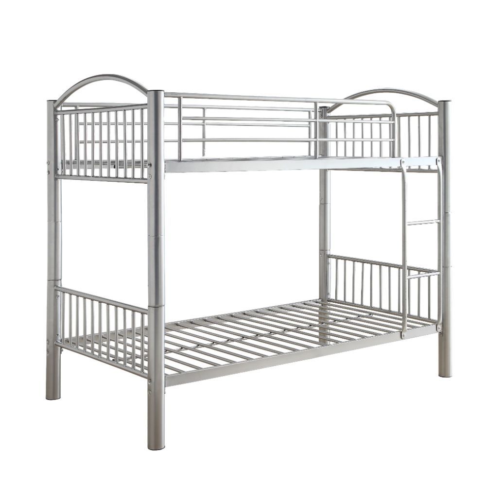The Cayelynn twin over twin bunk bed is a great way to free up space in a kids bedroom. It is a round metal tube design and features a built in ladder to the upper twin bed that also has a guardrail. This bed is available in black and silver.<br/><br/><b>