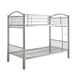 The Cayelynn twin over twin bunk bed is a great way to free up space in a kids bedroom. It is a round metal tube design and features a built in ladder to the upper twin bed that also has a guardrail. This bed is available in black and silver.<br/><br/><b>
