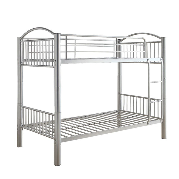 The Cayelynn twin over twin bunk bed is a great way to free up space in a kids bedroom. It is a round metal tube design and features a built in ladder to the upper twin bed that also has a guardrail. This bed is available in black and silver.<br/><br/><b>