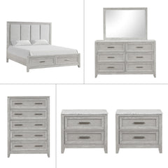 Discover the Fiona 6 Piece Bedroom Set, a collection that promises both style and functionality for your sanctuary. This suite features a storage bed with a plush upholstered headboard, designed for ultimate comfort and convenience. The suite is complemen