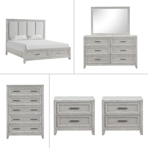 Discover the Fiona 6 Piece Bedroom Set, a collection that promises both style and functionality for your sanctuary. This suite features a storage bed with a plush upholstered headboard, designed for ultimate comfort and convenience. The suite is complemen
