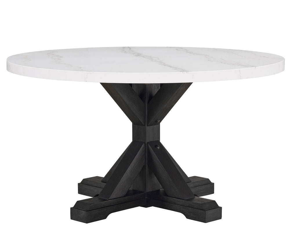 A fresh take on a traditional silhouette makes this group a great addition to your dining space. A genuine marble top is luxurious and timeless. Farmhouse style cross legs are updated in a contemporary charcoal finish. The upholstered dining chairs featur