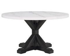 A fresh take on a traditional silhouette makes this group a great addition to your dining space. A genuine marble top is luxurious and timeless. Farmhouse style cross legs are updated in a contemporary charcoal finish. The upholstered dining chairs featur