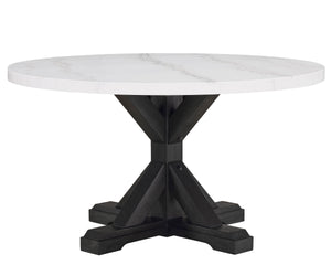 A fresh take on a traditional silhouette makes this group a great addition to your dining space. A genuine marble top is luxurious and timeless. Farmhouse style cross legs are updated in a contemporary charcoal finish. The upholstered dining chairs featur