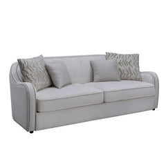 Create a clean, contemporary look with the gently curved Mahler living room set. The inner wooden frame and block plastic legs offer maximum support. Upholstered in a beige textured linen fabric and outlined with nailhead trim. The barrel seat and sloping