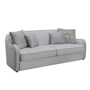 Create a clean, contemporary look with the gently curved Mahler living room set. The inner wooden frame and block plastic legs offer maximum support. Upholstered in a beige textured linen fabric and outlined with nailhead trim. The barrel seat and sloping