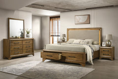 The Talcott 4-piece wood bedroom set, featuring a platform storage bed with a lighted headboard, dresser, mirror, and nightstand in a warm honey brown finish, offers durable, quality construction crafted from solid rubberwood, manufactured woods, and mind
