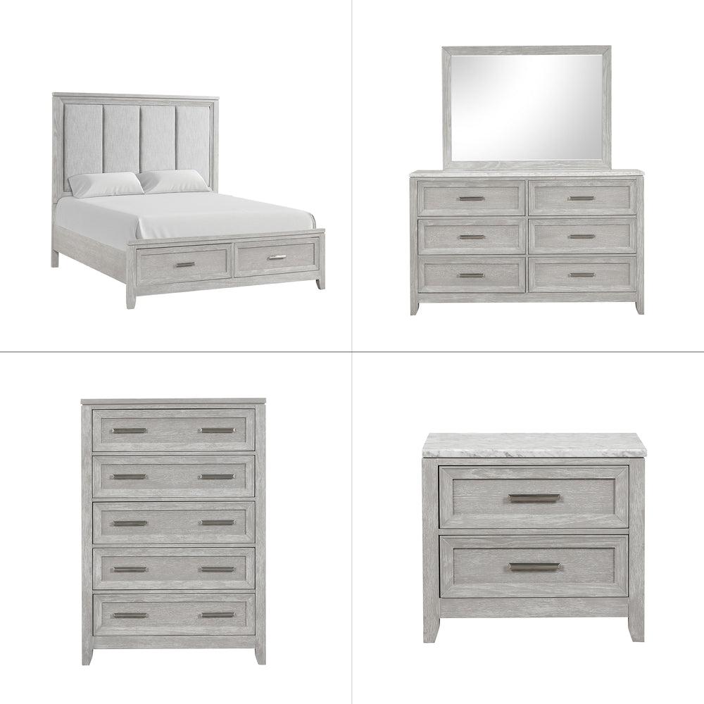 Discover the Fiona 5 Piece Bedroom Set, a collection that promises both style and functionality for your sanctuary. This suite features a storage bed with a plush upholstered headboard, designed for ultimate comfort and convenience. The suite is complemen