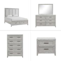 Discover the Fiona 5 Piece Bedroom Set, a collection that promises both style and functionality for your sanctuary. This suite features a storage bed with a plush upholstered headboard, designed for ultimate comfort and convenience. The suite is complemen