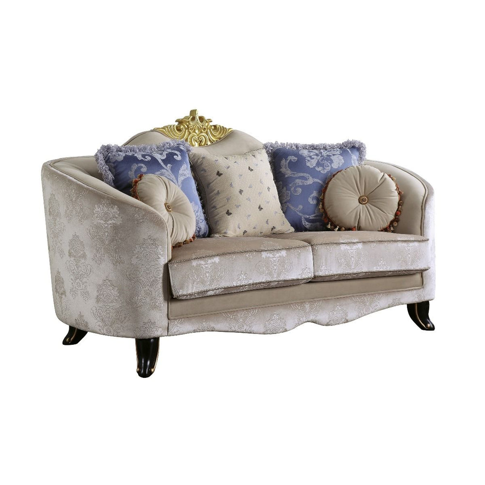 The Sheridan loveseat is defined by comfort and style. This beautiful loveseat features a solid wood molding crown with a tight back and loose seat cushions in classic cream fabric upholstery. Each piece of this sophisticated living room set boasts of ele