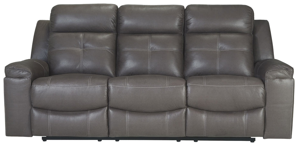 Rustic character comes forth in this dark gray reclining sofa. Designer stitching adds a fashion-forward touch to its soft cushions. Faux suede fabric speaks to your knack for superior-quality materials. The sofaâ€™s high back provides ample support as yo