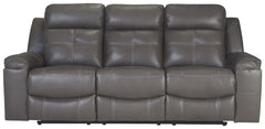 Rustic character comes forth in this dark gray reclining sofa. Designer stitching adds a fashion-forward touch to its soft cushions. Faux suede fabric speaks to your knack for superior-quality materials. The sofaâ€™s high back provides ample support as yo