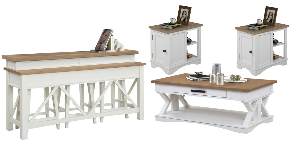 Destined to be the heart of any conversation area, the Americana Modern Cocktail Table is a must-have. Crafted in a soft Cotton white finish, it features a contrasting wood-grain top in Weathered Natural. A lower open area is perfect for storage and displ