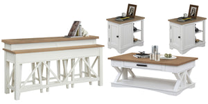Destined to be the heart of any conversation area, the Americana Modern Cocktail Table is a must-have. Crafted in a soft Cotton white finish, it features a contrasting wood-grain top in Weathered Natural. A lower open area is perfect for storage and displ