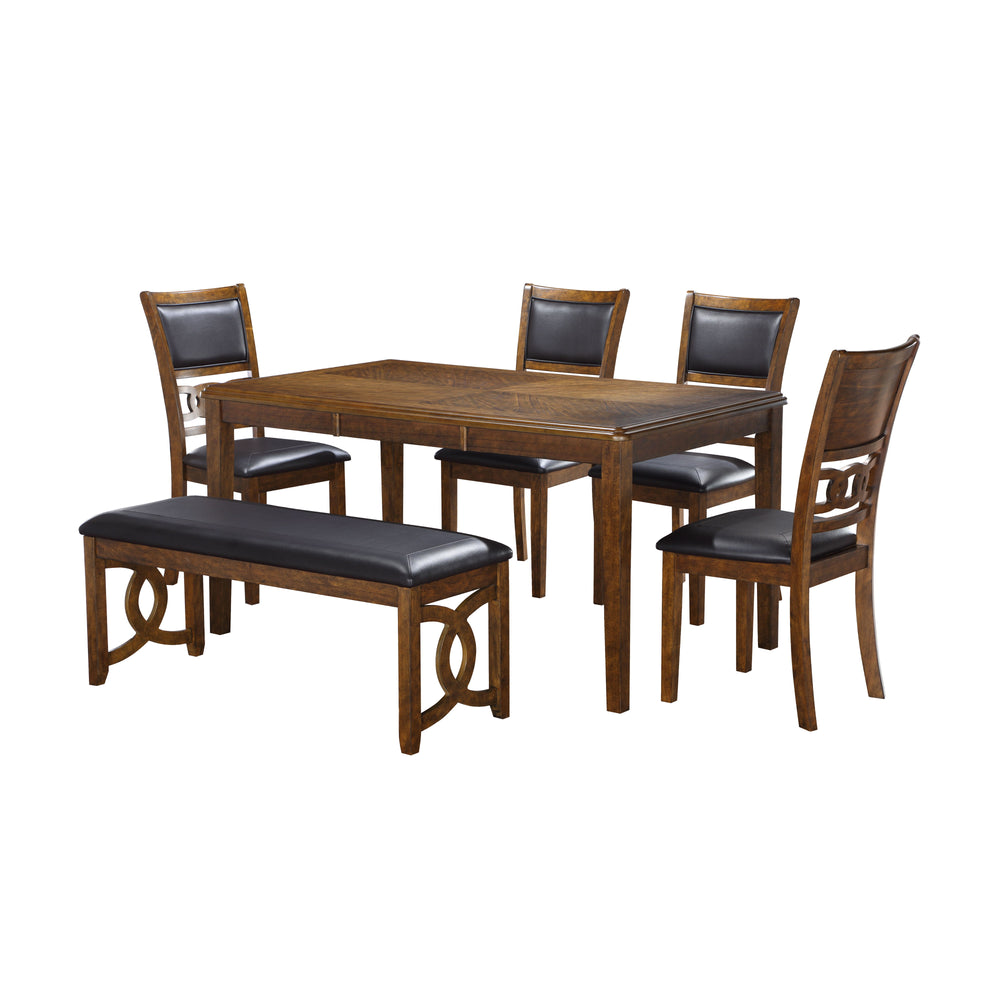 The New Classic Gia 6-Piece Wood Rectangle Dining Set is crafted from solid Rubberwood and Mindi veneers for a perfect blend of durability and aesthetic appeal. The warm brown finish, achieved through a meticulous multistep process and clear coat, accentu
