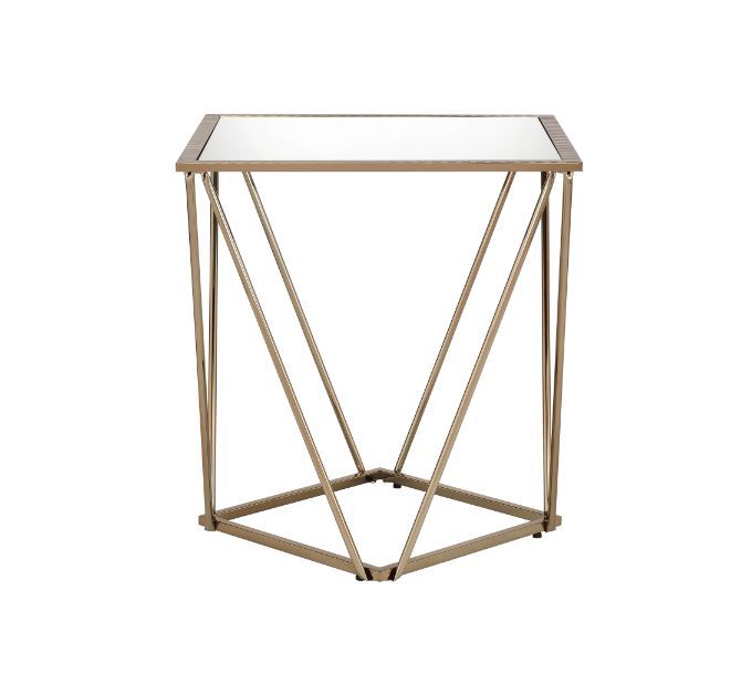 Bring dimension, depth and distinctive visual appeal to the whole space with this modern geometric design. Square table top is paired with irregular metal base, adding a uniquely attractive contrast to this table. The champagne gold finish showcases it ge