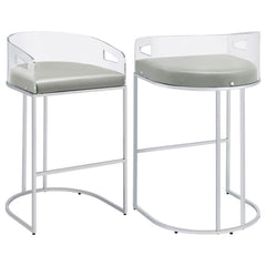 Ultra-modern with a retro-inspired vibe, this pair of stools make a striking piece to a dining room space. With a curved backrest in a clear acrylic material, each stool offers an open and airy design. Rest comfortably on a leatherette cushion as you dine
