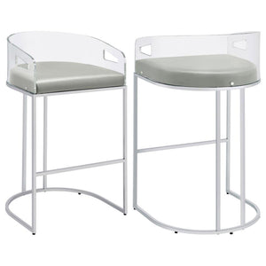 Ultra-modern with a retro-inspired vibe, this pair of stools make a striking piece to a dining room space. With a curved backrest in a clear acrylic material, each stool offers an open and airy design. Rest comfortably on a leatherette cushion as you dine