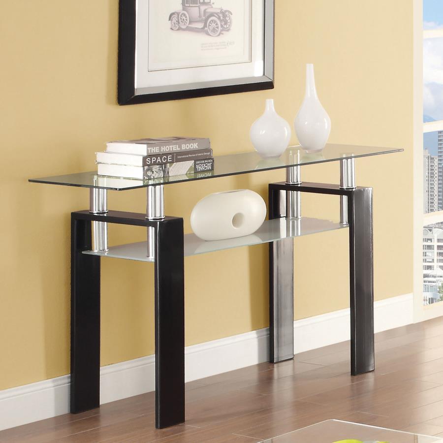 This rectangular sofa table features a clear tempered glass top and a frosted tempered glass shelf for additional storage or display. Supported by a durable metal frame, the console table boasts a modern and sleek design that fits seamlessly into contempo