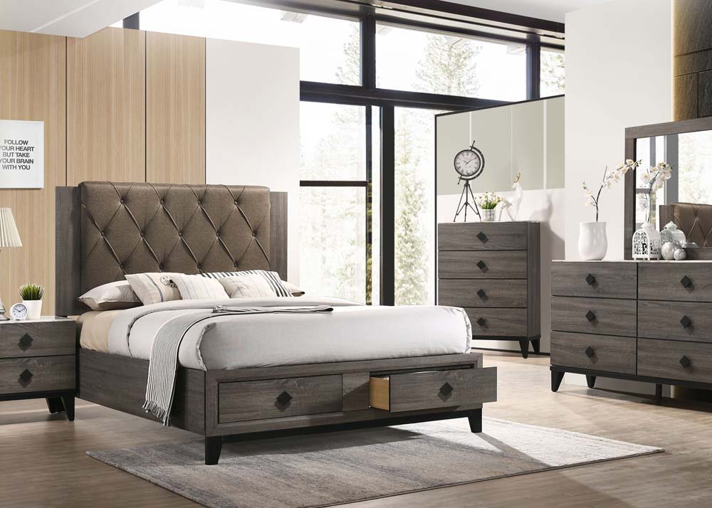 This transitional storage bed provides the perfect balance of comfort utility and style. Diamond button tufted upholstered headboard with two drawers under footboard for plenty of storage. Wooden rustic gray oak finish veneer frame, wood tapered leg, and 