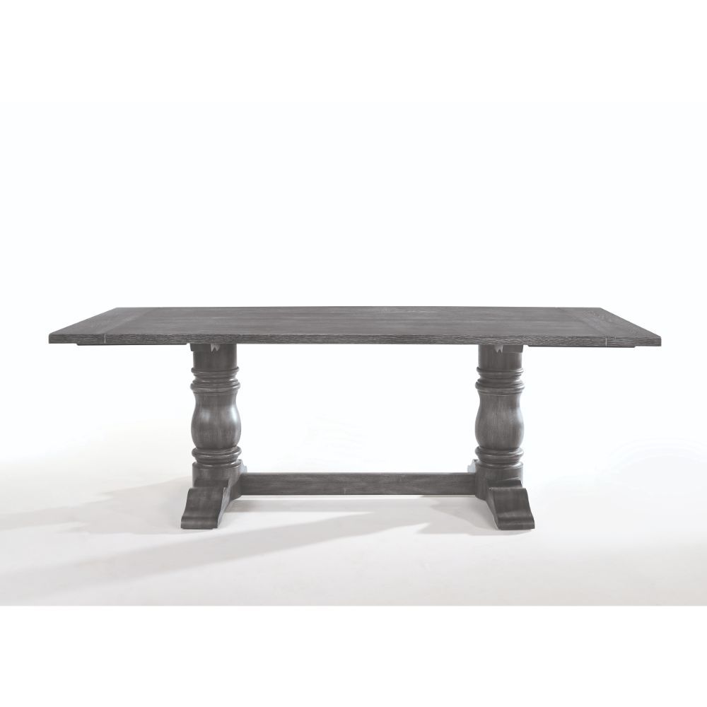 This delightful Leventis collection offers rustic elegance that will enhance your dining room experience. The carefully crafted rectangular table features a trestle base with turned pedestals all in a weathered gray finish. Complemented by classic dining 