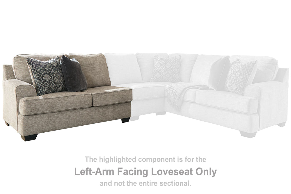 This left-arm facing loveseat is made with textured polyester chenille upholstery. Pairs with other items in the series to make a sectional.<br><br><b>Additional Dimensions</b><br><ul><li>Arm height: 26-"</li><li>Leg height: 3-"</li><li>Minimum width of d