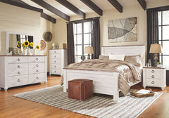 Two-tone finish in white wash replicated worn through paint with authentic touch and a replicated wood grained block pattern with authentic touch. Large scaled shapely bedroom collection features bun feet. Ring pull hardware in an antique brass color, acc