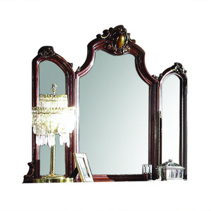 Arched Tri-Fold Mirror Raised Scrolled-Oversized Molding Trim: Poly Resin Ornamental Detail with Antique Contrast Finish<br/><br/><b>Product Features</b><ul><li>Case: 1Pc/1Ctn</li><li>Finish: Cherry Oak</li><li>Style: Traditional</li><li>Materials: Wood, 