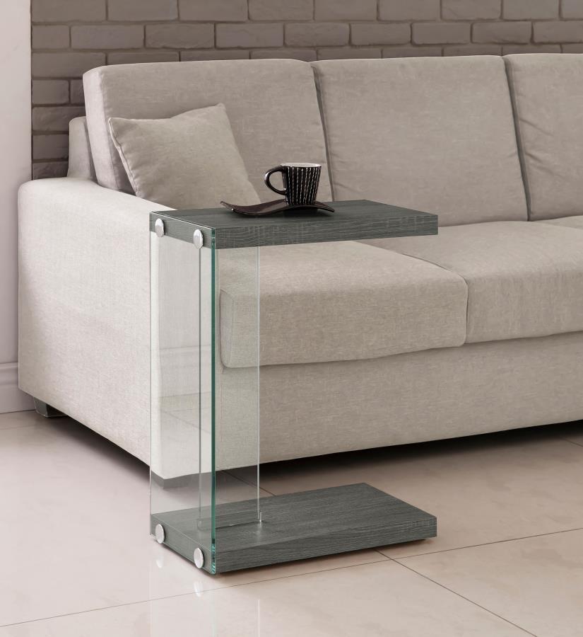 This C-shaped side table combines modern design with practical functionality, making it a versatile addition to your living space. Featuring a weathered grey engineered wood top and base, it exudes a contemporary woodgrain texture. The clear tempered glas