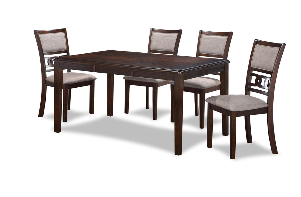 The New Classic Gia 5-Piece Wood Rectangle Dining Set is crafted from solid Rubberwood and Mindi veneers for a perfect blend of durability and aesthetic appeal. The inviting brown cherry finish, achieved through a meticulous multistep process and clear co
