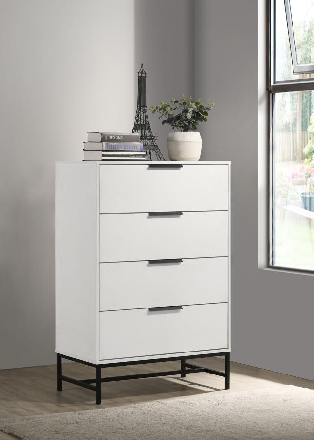 Create ample storage with the compact footprint of a modern four-drawer chest. Its roomy drawers are ideal for clothing, linens, and accessories, helping to keep your personal space tidy and organized. A white finish complements straight, clean lines, whi