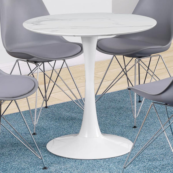  this round dining table brings timeless elegance to any space. The smooth faux marble top offers a refined aesthetic while providing easy maintenance with a durable polyurethane sealer. A sleek tulip base enhances i