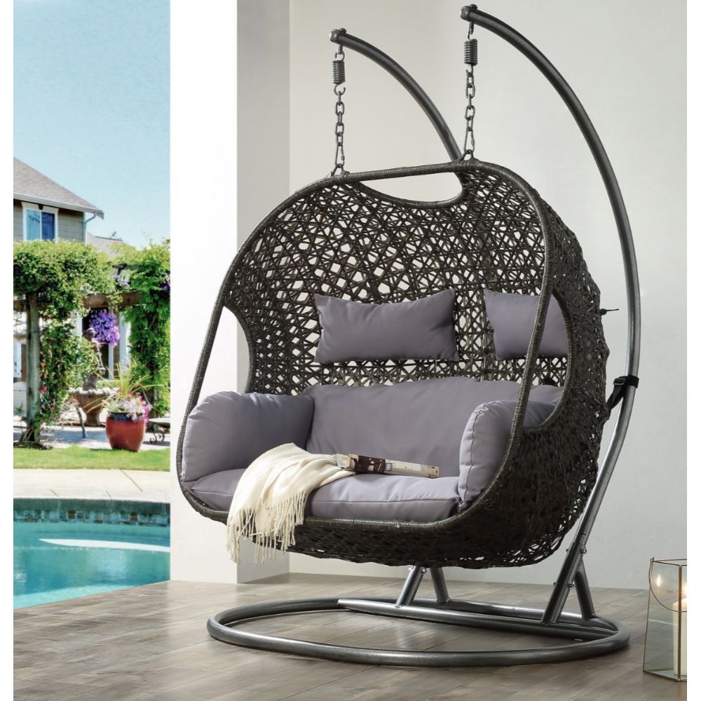 KD, Patio Swing Chair & Stand â€¢ Seat Cushion Included (Removable) â€¢ Includes: Swing Chair, Stand, Cushion â€¢â€¢ CONSTRUCTION: Frame Black Finish, Wicker (mm Round) & Steel Powder Coated (mm) â€¢ SEAT CUSHION: Fabric â€¢â€¢â€¢ Material: Fabric (Solid 