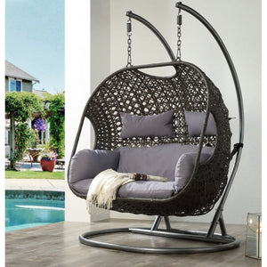 KD, Patio Swing Chair & Stand â€¢ Seat Cushion Included (Removable) â€¢ Includes: Swing Chair, Stand, Cushion â€¢â€¢ CONSTRUCTION: Frame Black Finish, Wicker (mm Round) & Steel Powder Coated (mm) â€¢ SEAT CUSHION: Fabric â€¢â€¢â€¢ Material: Fabric (Solid 